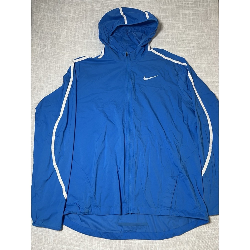 Nike Blue Lightweight Hooded Running Windbreaker Jacket Medium Active Reflective